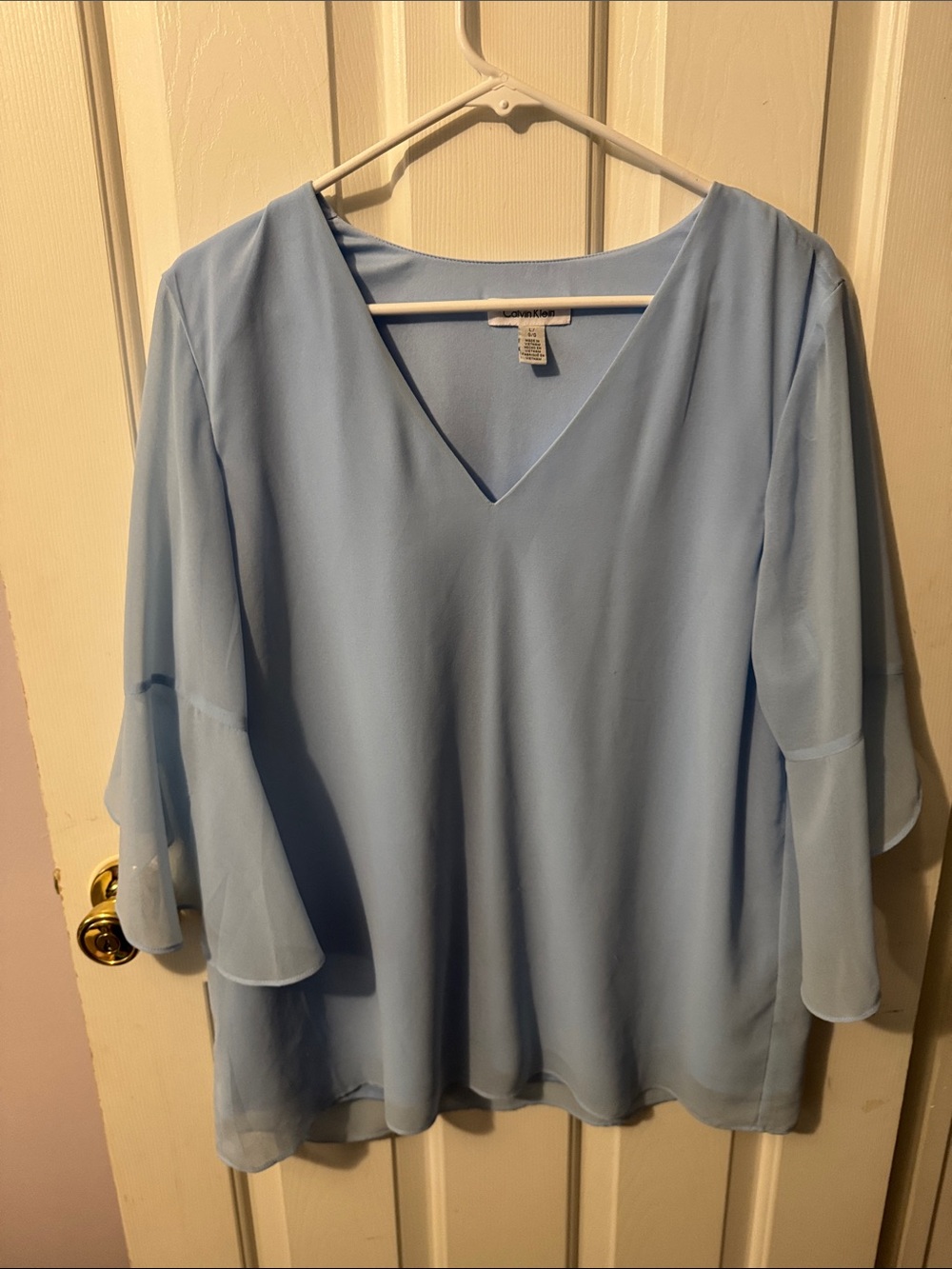 Light Blue V-Neck Bell Sleeve Blouse by Calvin Klein